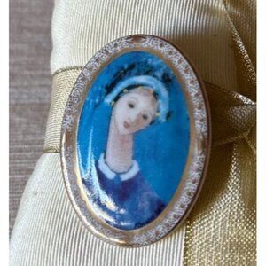 Hand-Painted Blue Madonna  Moss Porcelain Brooch Anna-Perenna 1997 10th Annivers